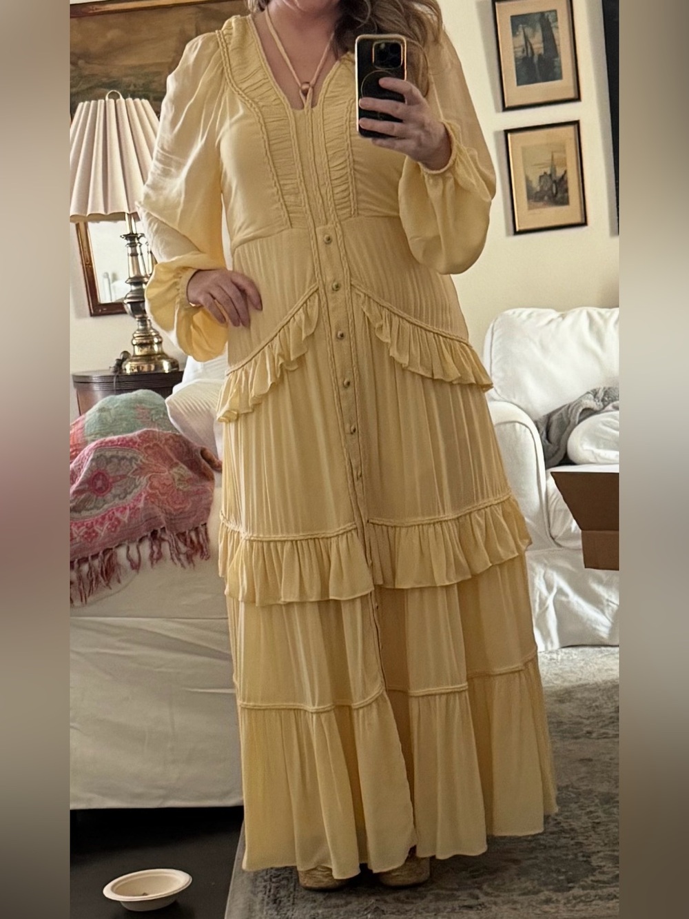 Butter Yellow Ruffled Buttoned Maxi Dress at FARM Rio. - Picture 3 of 6